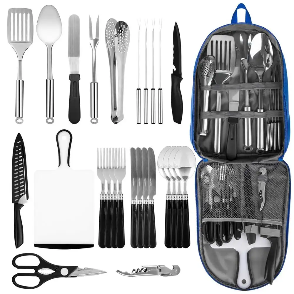 Portable Camping Kitchen Utensil Set, 27-Piece Stainless Steel Outdoor Cooking and Grilling Utensil Organizer Travel Set