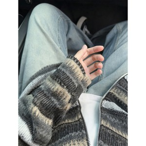 Sudadera con Capucha a Rayas Retro Americana para Hombre, Otoño, Informal, Holgada, de Punto, con Cierre Frontal y Mangas Acampanadas - Product Image 2