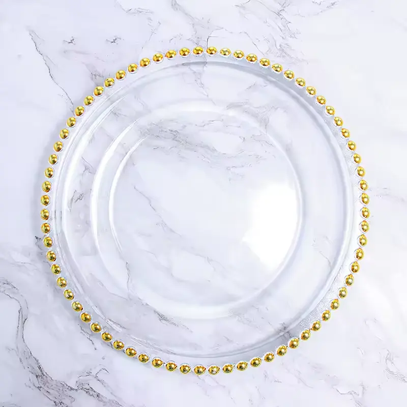 Toptan tasarımcı yuvarlak 13 inç boncuk düğün dekorasyon yemek tabağı temizle altın çerçeveli cam tabak tabaklar