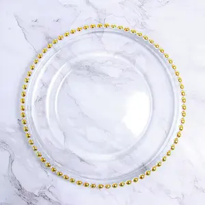 Placas de carregador de vidro com borda de ouro transparente para decoração de casamento com miçangas redondas de 13 polegadas