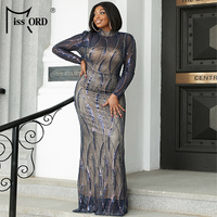 Robe de Soirée Longue Sirène à Paillettes Manches Longues Grande Taille Modeste pour Femme