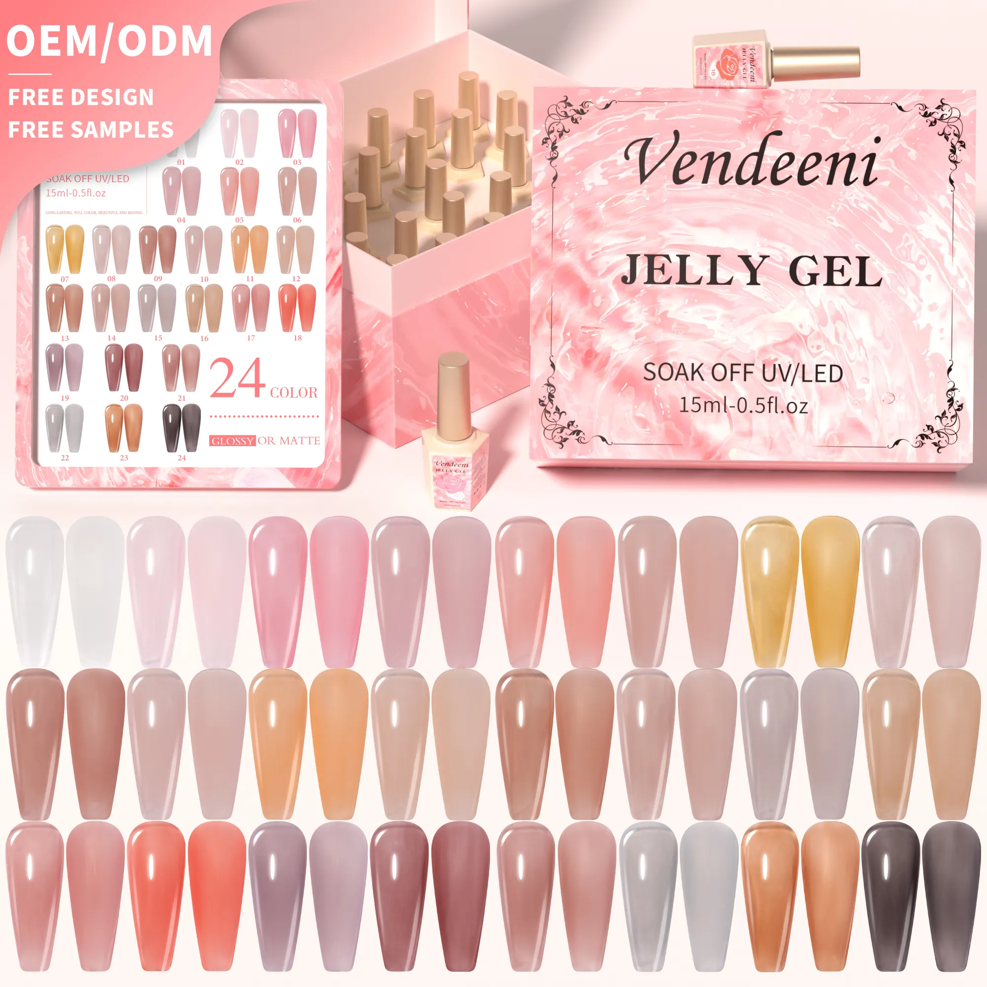 Vendeeni 24 colori Jelly Gel Polish Set smalto per unghie Gel UV trasparente personalizzato Logo Gel smalto per unghie