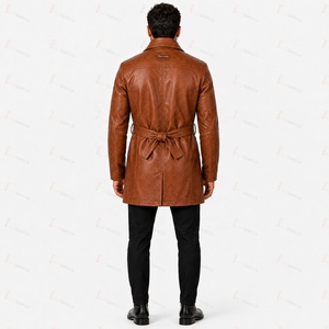 <b>Men's</b> Brown Leather Breathable X-Long Trench Coat Belt Turn-down Collar Double Breasted Design Puff Printing Fashion Streetwear - Product Image 5