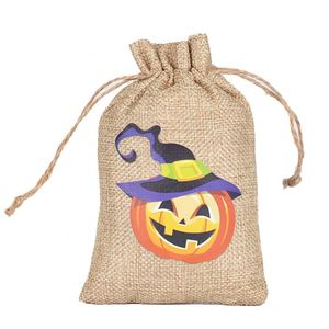 Wholesale Customizable Halloween Pumpkin <b>Lights</b> Gift Jute Bag with <b>Rope</b> Handle for Party Candy Storage - Product Image 4