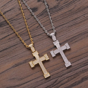 Wide Multi-Row CZ <b>Cross</b> Pendant, Unisex Minimalist Hip Hop Necklace, Iced Out Religious <b>Chain</b> Jewelry - Product Image 4
