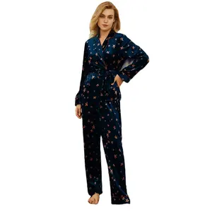 shein pamuklu pijamalar Suppliers-Saten ipek kadife kadın uzun kollu hırka takım elbise pijama gecelikler salonu pijama