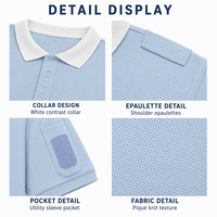 Polo personnalisé pour homme, bleu clair, col blanc, épaulettes, poche poitrine, piqué, OEM ODM, uniforme de sécurité, durable et résistant