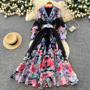 ชุดเดรสแขนยาวพิมพ์ลายวินเทจสำหรับผู้หญิง ชุดฤดูใบไม้ผลิ ชุดเดรสยาวทรงเข้ารูปผูกเอวหรูหราสำหรับ <span class=keywords><strong>Com</strong></span> - Product Image 1