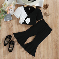 Kleinkind Mädchen Mode Kleidung 2pcs Kurzarm Patchwork Bowknot Crop Tops Elastic Waist Pure Color Schlag hose