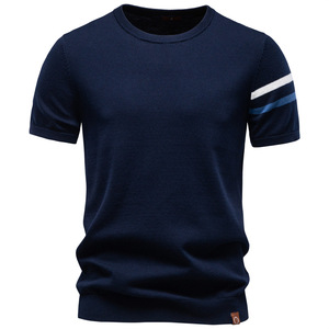 Camiseta de Verano para Hombre, de Alta Calidad, 100% Algodón, Tejido de Punto, Manga con Rayas en Contraste, Cómoda, Transpirable, <span class=keywords><strong>Ropa</strong></span> Casual - Product Image 4
