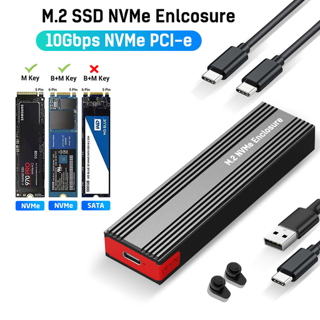 M2 NVMe SSD Enclosure 10Gbps PCIe Aluminum Case USB C 3.2 Gen2 Portable Box Tool-Free External Adapter Heat Sink Pad M.2 SSD