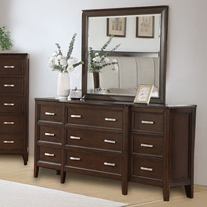 Commode moderne en bois foncé avec miroir - Commode de chambre à coucher minimaliste avec quincaillerie métallique, meuble de rangement contemporain - Product Image 1