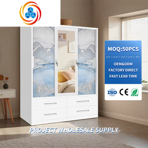 Armarios de 3 Puertas Batientes con Espejo y Cajones, Armario de Hierro Moderno con Impresión de Patrones Personalizados, Muebles de Acero para Dormitorio - Product Image 1