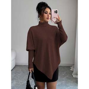 Pull poncho côtelé asymétrique d'hiver pour femme, col roulé, manches chauve-souris oversize, tricoté, manches longues, coupe ample, noir tendance - Product Image 2