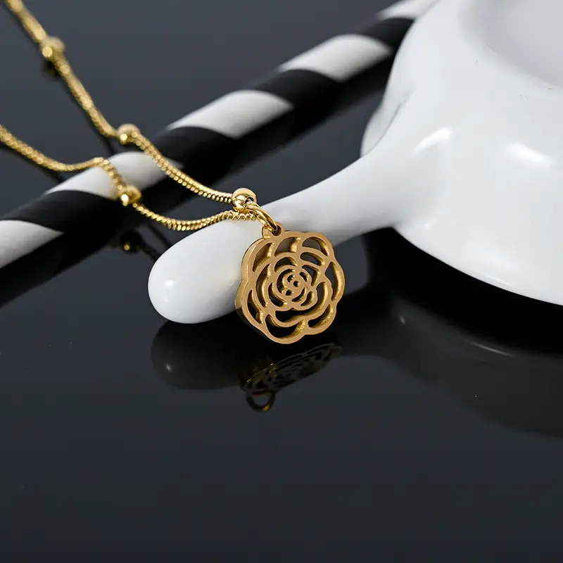 Kalung liontin bunga berongga kalung bunga mawar emas perhiasan kalung Choker bunga antik untuk hadiah wanita dan anak perempuan
