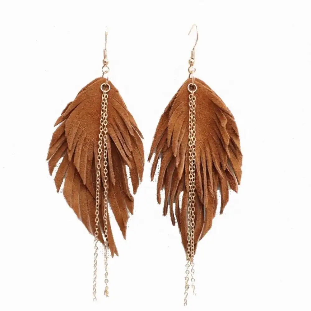 Wholesale Elegant Girl Double Layer Retro Feather Tassel Wool Leather Earrings