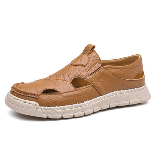 รองเท้าแตะหนังลำลองสำหรับบุรุษ ระบายอากาศได้ดี สวมใส่สบาย แบบสวมเปิดส้น พื้นนุ่ม รองเท้าขับรถ สีเบจ ไซส์ผู้ใหญ่ 40-45 - Product Image 5