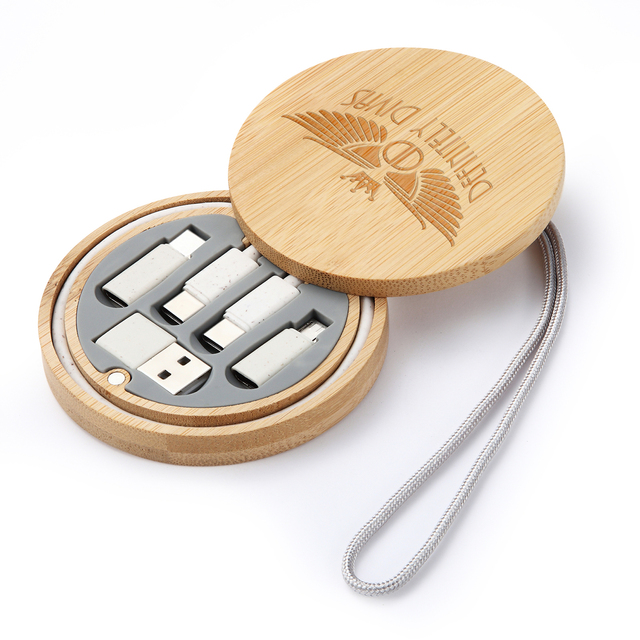 Custom logo Bamboo USB Cable Gadgets for Promotional Gift Set Wheat Straw 6 in 1 Multifunctional Travel Charging Kit