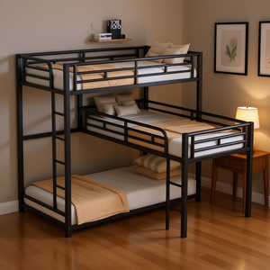 Lit superposé triple en métal en forme de L, design moderne pour chambre à coucher ou salon, cadre noir (modèle D0100HP2KUA) - Product Image 2