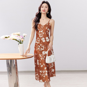 V-neck Floral Print Slip Dress Women's Acetate Fabric Casual Daily Wear Mid Length - Product Image 3