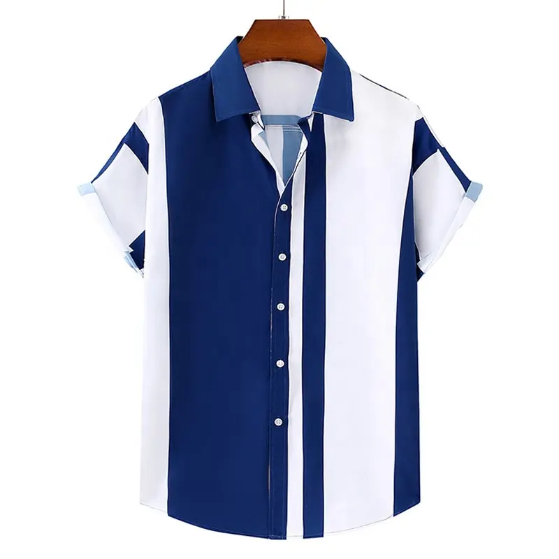 2023 Moda Nova Cor Azul Branco Correspondência Tops Street Wear Tops Stripped Lines Slim Fit Men's Office Casual Respirável Camisas