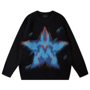 Moda de invierno logotipo personalizado prendas de punto Fuzzy Mohair estrella Jacquard patrón suelto suéter de punto para hombre