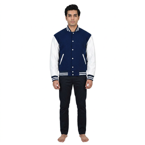 FINER THREADS <b>Mens</b> Navy <b>White</b> Winter Varsity <b>Jacket</b> Wool/Polyester Covered Button Contrast Sleeves Stand Collar Cuffs Hem Zipper - Product Image 1