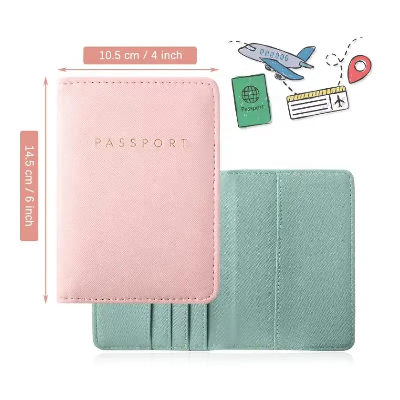 Funda de cuero Pu para pasaporte con impresión de logotipo personalizado, funda para tarjetas, etiqueta de equipaje rosa, conjunto de regalo, billetera para viaje