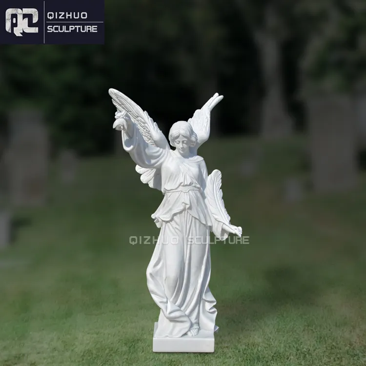 Life Size Natural Stone Monuments Sculpture Carved Female White Marble Angel Headstone Statue