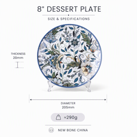 Assiettes à dîner en céramique imprimée florale Lot de 4 assiettes modernes en grès bleu Vaisselle élégante pour la maison et le restaurant