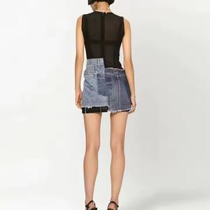 Robe en jean d'automne sexy sans manches à col en V 100 % coton, fendue, délavée à l'acide, style modeste, en gros - Product Image 2