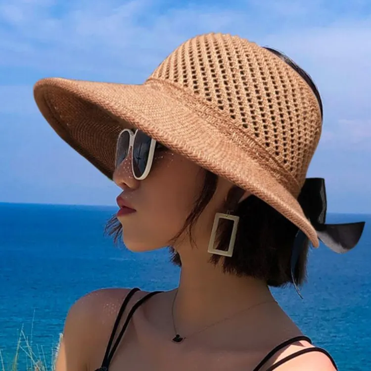 고품질 접는 활 여름 밀짚 모자 빈 탑 비치 모자 소녀와 여성