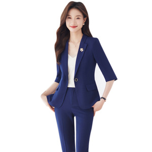 Pink Three Quarter Sleeve Blazer Suit Set Women's Formal Business Leisure Wear Anti Wrinkle Worsted Fabric - Product Image 5