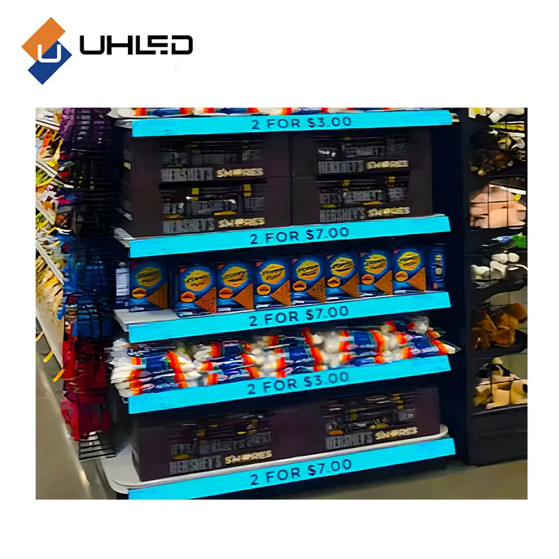 Étagère publicitaire numérique ultra mince pour supermarché Offre Spéciale UHLED P1.2 600*60 GOB Affichage LED par étagère