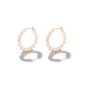 Boucles d'oreilles créoles en argent sterling S925 plaqué or en forme de C avec perles pour femme, bijoux de mariage - Product Image 1