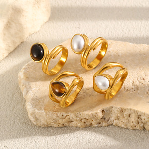 Stainless Steel Twisted <b>Statement</b> <b>Ring</b> 18K Gold Plated Inlaid Pearl Tiger Eye Stone Fashion Finger <b>Ring</b> For Women Jewelry Gift - Product Image 6
