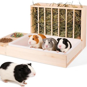 Comedero de madera para conejillos de indias con soporte para heno y tazón para comida, para mascotas de interior, estación de alimentación multifuncional para mascotas - Product Image 1