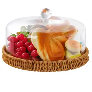 Vòng Poly wicker dệt giỏ bánh mì với Acrylic Dome Bìa handmade Tabletop thực phẩm phục vụ giỏ cho trái cây