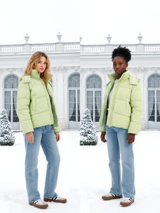 جاكيت نسائي مبطن بالريش مع خطوط، معطف شتوي بغطاء رأس، فتحة جانبية مع حافة منحنية مرنة، جاكيت منفوخ - Product Image 4