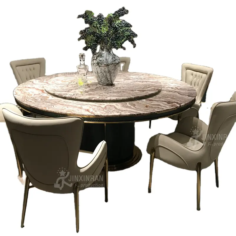 Italian Round Dining Table с Leather Chairs, Marble Top, Lazy, Rotating, Lazy