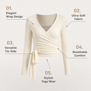 Women Premium <b>Cream</b> Long Sleeve <b>Wrap</b> Yoga Top with Adjustable Side Tie and V Neck Design for Pilates and Activewear Brands - Product Image 3