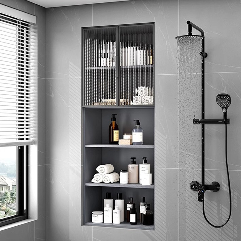 Elegante nicho de pared negro de cinco capas/doble capa con puerta