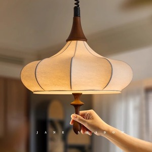 Vintage Style Wabi Sabi Pendant <b>Light</b> Faux Silk Solid Wood Japanese Retro <b>LED</b> E27 Oval Home Lighting - Product Image 1