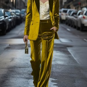 Traje <span class=keywords><strong>de</strong></span> <span class=keywords><strong>Mujer</strong></span> Verde Oliva <span class=keywords><strong>de</strong></span> Lujo <span class=keywords><strong>para</strong></span> <span class=keywords><strong>Fiesta</strong></span> <span class=keywords><strong>de</strong></span> <span class=keywords><strong>Noche</strong></span>, Trabajo o Eventos Formales, Chaqueta y Pantalones Anchos con Botones Retro - Product Image 2