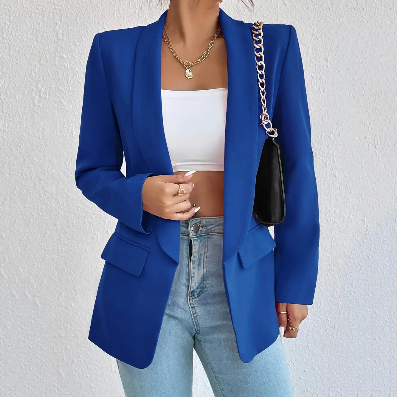 Elegant Asymmetric Hem Wrap Construction Blazer Womens Business Blazer with One Button, and Invisible Side Zipper Blazers/