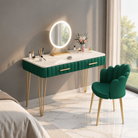 Bureau de toilette en pin gain de place avec miroir LED réglable, pieds en fer, plateau en bois et rangement pour petit appartement ou chambre