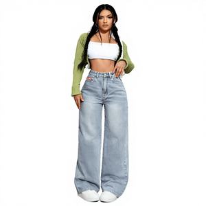Jeans de mezclilla de pierna ancha para mujer, cintura alta, ajuste holgado, lavado claro, largo completo, estilo casual, con bolsillos, transpirables, tejido sólido, para primavera - Product Image 1