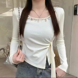 Camiseta de Manga Larga con Cintura Ajustable, Color Negro Sólido, Corte Irregular, Ajustada, para Mujer, Ropa de Invierno - Product Image 5