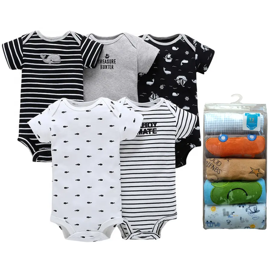 Wholesale Summer Bodysuit 100% Cotton Short Sleeve Baby Boys Romper 5pcs Infant Toddler Baby Clothes