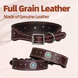 Collar de Cuero de Grano Completo para Mascotas, Nuevo Collar de Cuero Vacuno Grabado <span class=keywords><strong>con</strong></span> Costuras y Tachuelas de Diamantes de Imitación para Perros Medianos y Grandes - Product Image 2